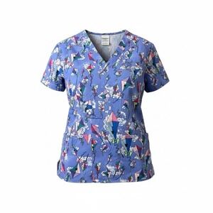 Crest Women's V Neck Scrub Top Size Small Blue Sky With Happy Kites NWT